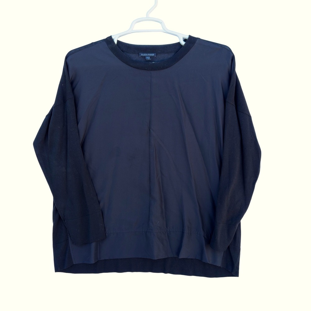 Eileen Fisher Womens Black Mixed Media Silk Blend Long Sleeve Top Size Large
